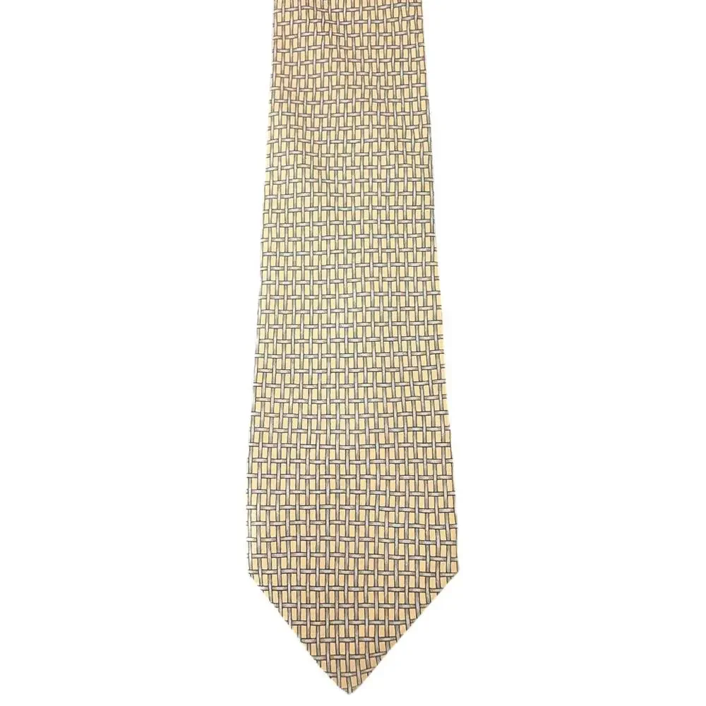 Vintage Hermès 100% Silk Men's Yellow Tie With Grey Basketweave Designs